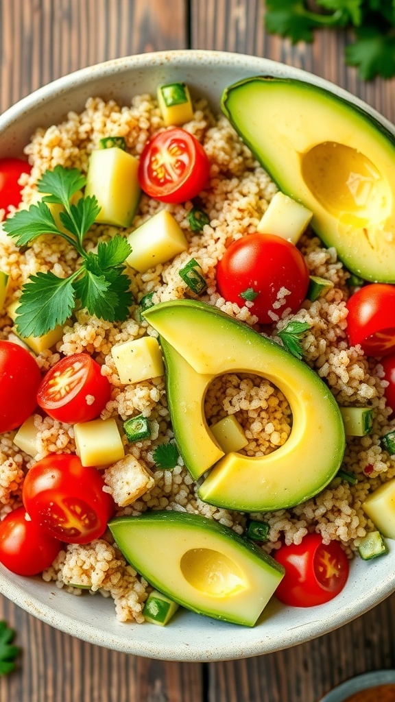 Mediterranean Quinoa Salad with Avocado A colorful quinoa salad with cucumbers, tomatoes, avocado, and parsley in a bowl on a wooden table.